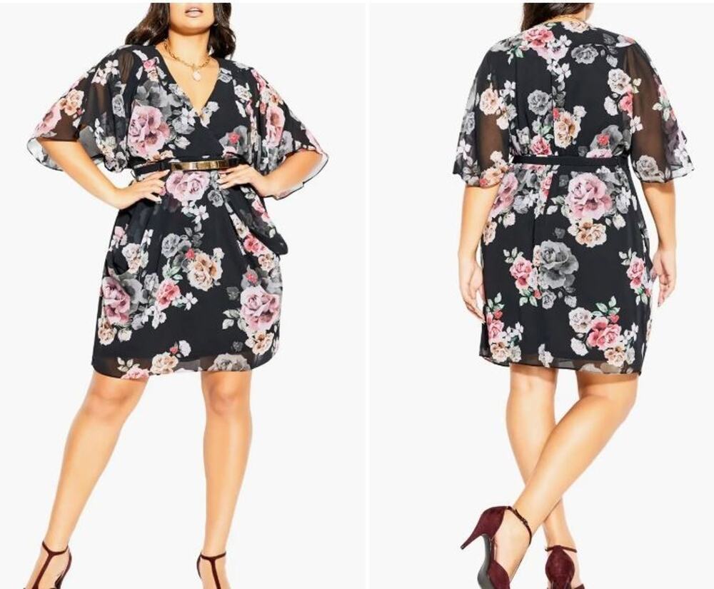 City Chic Tuscan Rose Belted Faux Wrap Dress Floral Chiffon Plus Size 24 (XXL)